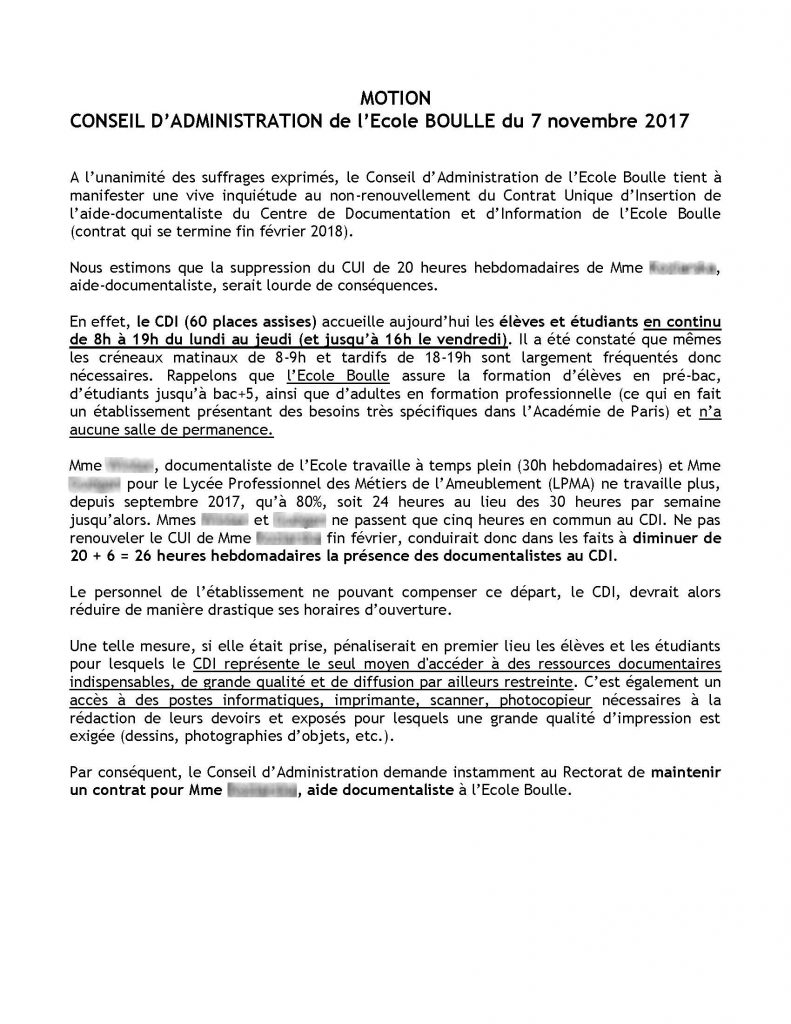 Motion Aide documentaliste -CA BOULLE du 7 novembre 2017